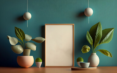 Mock up photo frame green wall mounted on the wooden cabinet 3d rendering. 