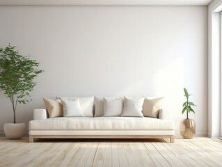 Fototapeta na wymiar Modern living room home interior design with beige white sofa couch and daylight from window generative ai