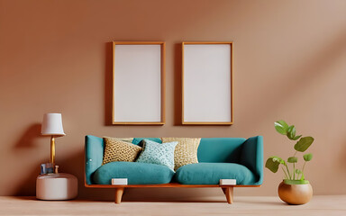 Mock up photo frame green wall mounted on the wooden cabinet 3d rendering. 