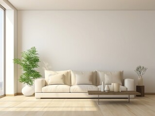 Modern living room home interior design with beige white sofa couch and daylight from window generative ai