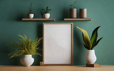 Mock up photo frame green wall mounted on the wooden cabinet 3d rendering. 