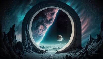 Portal to another world. Futuristic cosmic landscape with circle tunnel in starry sky.