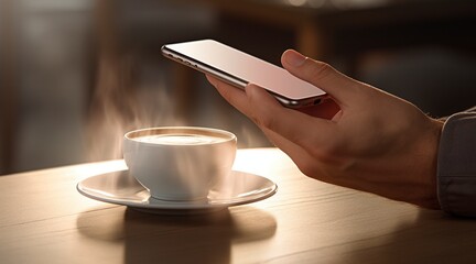 Una persona revisando su celular mientras se toma un café - obrazy, fototapety, plakaty