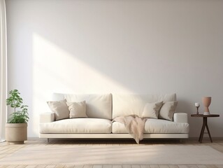 Modern living room home interior design with beige white sofa couch and daylight from window generative ai
