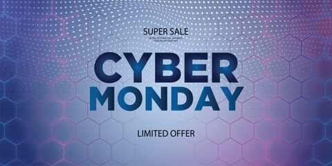 Obraz premium super sale cyber monday banner with colorful hexagonal 3d background