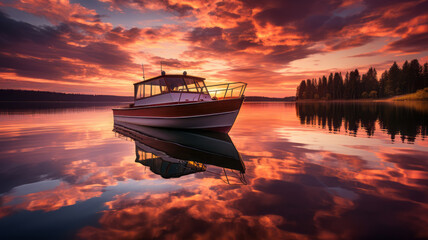Dramatic sunset sky, with beautiful boat reflected on the evening lake horizon