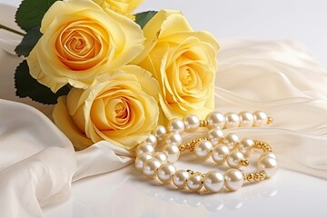 Yellow roses bouquet and pearls,in white background.