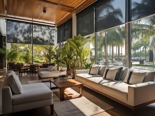Fototapeta premium Interior living room with sofas and palm trees generative ai