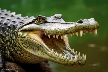 Obraz premium Crocodile with its mouth wide open with a green lake in the green background.
