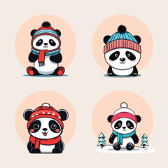 Free vector set off cute panda winter with beanie hat cartoon vector icon illustration