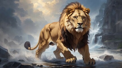 Fototapeta premium Oil Painting wallpaper running lion