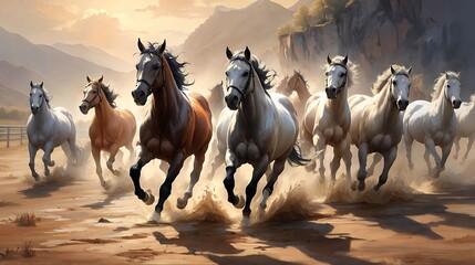 Oil Painting Wallpaper Running Horses - obrazy, fototapety, plakaty