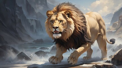 Oil Painting wallpaper running lion