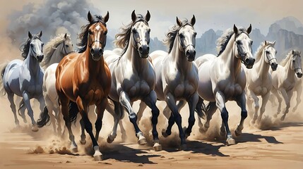 painting . Artistic drawing of a herd of Arabian horses