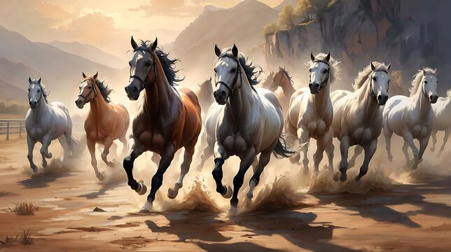 Oil Painting Wallpaper Running Horses