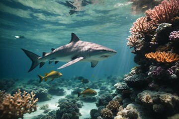 Fototapeta na wymiar Coral reef with wild sea shark and fish