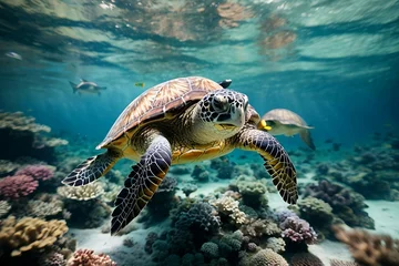 Foto auf Alu-Dibond Coral reef with sea turtles and fish tropical © Ainur