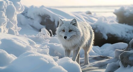 Potrait of snow fox at the north winter 
