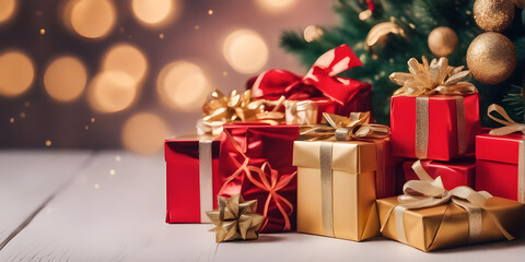 Christmas xmas or celebration holiday. gift boxes with gold ribbon, background with bokeh lights and christmas tree. copy space.