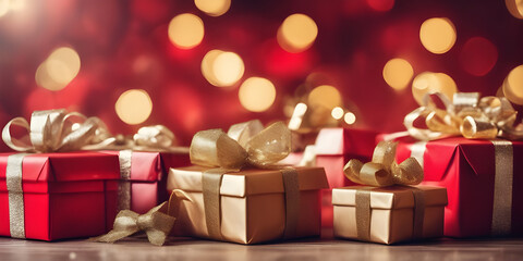 Obraz premium Christmas xmas or celebration holiday. gift boxes with gold ribbon, background with bokeh lights and christmas tree. copy space.