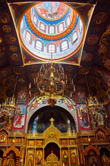 Fototapeta na wymiar Painted interior domed roof with chandelier Holy Virgin Cathedral Joy of All Who Sorrow