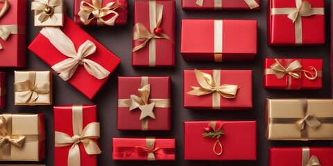 Christmas xmas or celebration holiday. gift boxes with gold ribbon, background with bokeh lights and christmas tree. copy space.