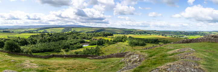 panoramic view of the Northumberland countryside from Walltown Crags on Hadrian's Wall Path, UK