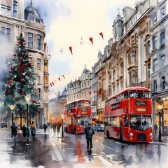 street in London during Christmas festival in watercolor painted style - obrazy, fototapety, plakaty