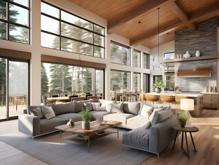 Fototapeta premium Luxury interior living room with open concept floor plan, kitchen, dining room, and wall of windows generative ai