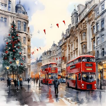 street in London during Christmas festival in watercolor painted style