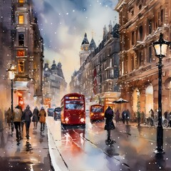 street in London during Christmas festival in watercolor painted style