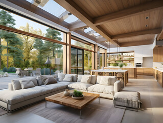 Luxury interior living room with open concept floor plan, kitchen, dining room, and wall of windows generative ai
