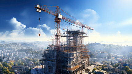 Fototapeta na wymiar Construction site with a tower crane. Construction of residential buildings. Panoramic view of the construction of skyscrapers.