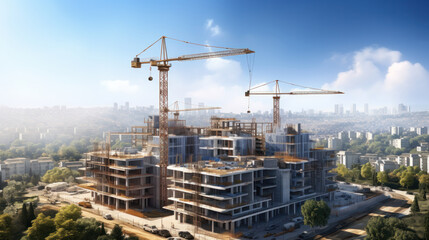 Construction site with a tower crane. Construction of residential buildings. Panoramic view of the construction of skyscrapers.