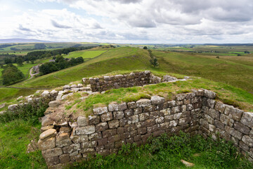 ancient Roman defensive turret near Winshields Crags on Hadrian's Wall Path near Once Brewed,...
