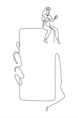 a woman sitting on the edge of a smartphone continuous line drawing