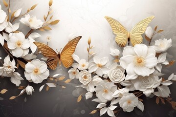 Goden butterflies with white flowers.
