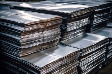 Metal sheets in stockpile at aluminum industry factory. Generative AI