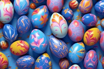 Fototapeta na wymiar Colorful Easter egg background with blue, yellow, and pink eggs featuring floral patterns. 3D render. Generative AI