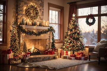 christmas tree with fireplace - obrazy, fototapety, plakaty