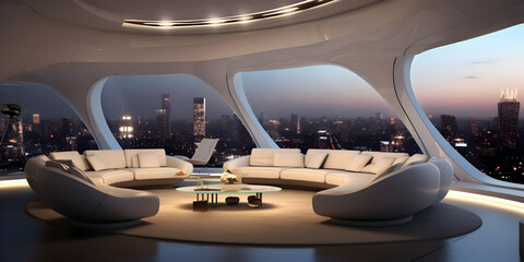 Futuristic skyline home decor with floor to ceiling windows and cityscape views generative ai