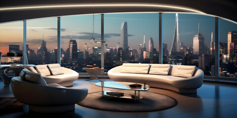 Futuristic skyline home decor with floor to ceiling windows and cityscape views generative ai - obrazy, fototapety, plakaty