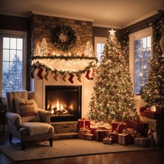Christmas living room with fireplace