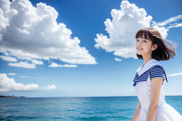 青空をバックに健康的に微笑む若い日本人女性