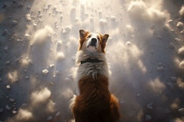 Canine gazing skyward amid open space, shot from above. Generative AI