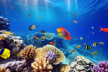 Underwater world with corals and tropical fish.