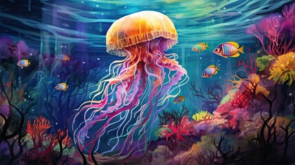  a painting of a jellyfish in a sea with fish.  generative ai