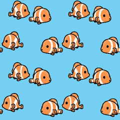 Seamless pattern with clownfish on blue background. Vector illustration.