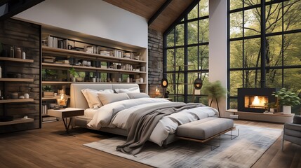 Farmhouse interior design of a modern bedroom with a fireplace and wooden floor. Big windows overlooking trees. 