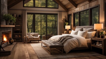 Farmhouse interior design of a modern bedroom with a fireplace and wooden floor. Big windows overlooking trees. 